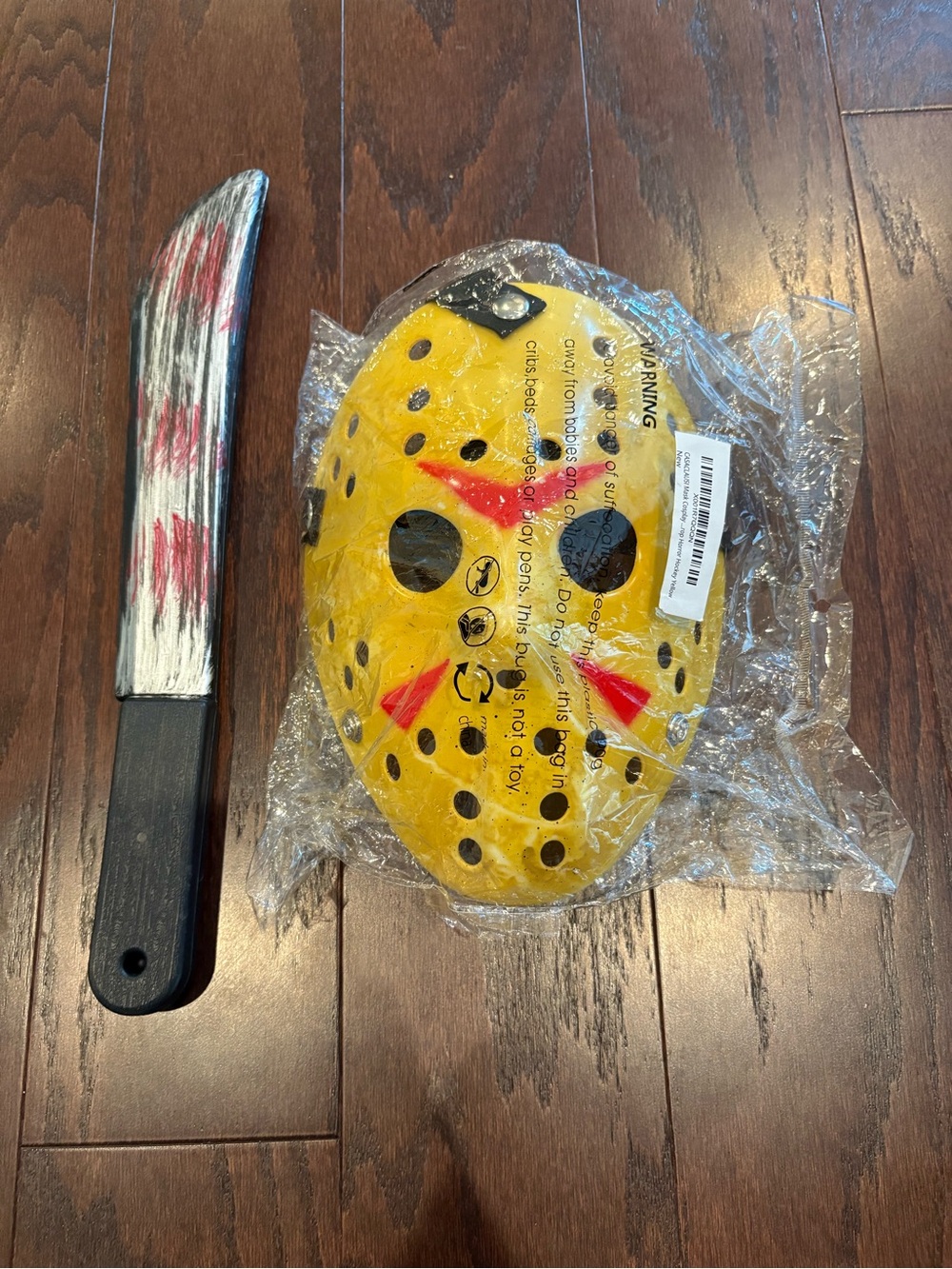 NEW Yellow Jason Voorhees Costume Mask and Bloody Plastic Machete Set, Halloween